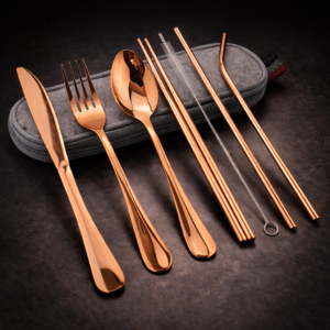 KITCHZENGO Rose Gold Travel Cutlery Set with Case – Stainless Steel Spoon Fork Knife Chopsticks & Straw Set